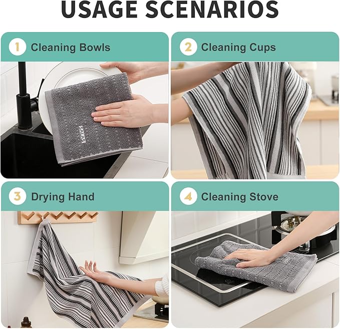 Kitchen Dish Towels for Drying Dishes, Large Cotton Kitchen Towels, Stripped Terry Dish Cloths, Thick Highly Absorbent Towel Sets with Hanging Loop, 16" X 26", 6 Packs, Grey and Solid Color