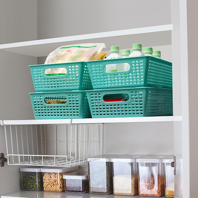 Tiawudi Stackable Woven Plastic Basket, Storage Bins for Cabinet, Closet, Shelf, Under Sink and Countertop, Pantry Organizer Bins, 6 Pack