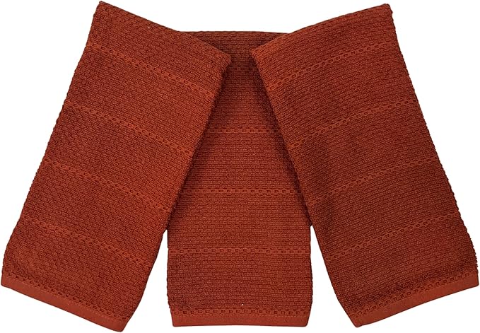 Maroon Rust Cinnamon Kitchen Hand Dish Towels: Oversized 28" x 18",100% Cotton Cloth Soft Cleaning Drying Absorbent Textured Design, Set of 3 Multipurpose for Everyday Use (Cinnamon Textured)