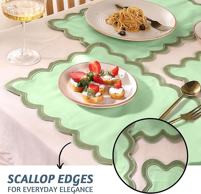 Folkulture Placemats Set of 4 (13 x 19) |100% Cotton, Green Cute Placemats for Dining Table Decor, Party Decorations | Scalloped Place Mats or Heat Resistant Table Mats