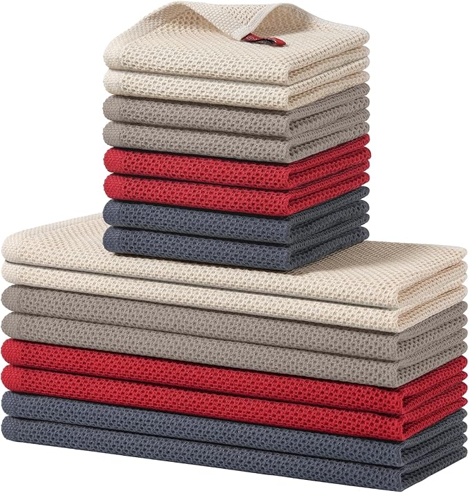 Homaxy 100% Cotton Kitchen Towels and Dishcloths Set, 12 x 12 Inches and 13 x 28 Inches, Set of 16 Bulk Kitchen Towels Set, Ultra Soft Absorbent Dish Cloths for Washing Dishes, Mixed Color