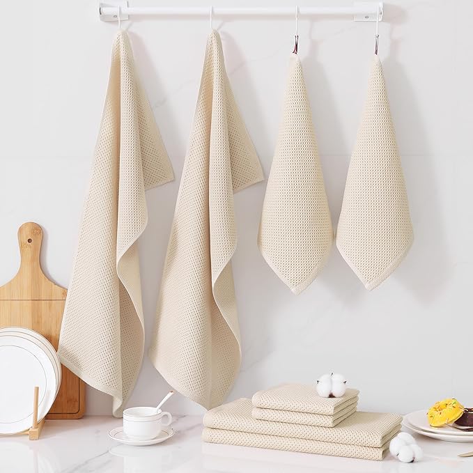Homaxy 100% Cotton Kitchen Towels and Dishcloths Set, 12 x 12 Inches and 13 x 28 Inches, Set of 8 Bulk Kitchen Towels Set, Ultra Soft Absorbent Dish Cloths for Washing Dishes, Beige