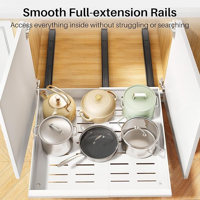 Pull out Cabinet Organizer, 2-Pack Expandable(13.6"-24") Silde out Drawers with Raising Pad for Framed Cabinets, Adjustable Full-Extension Adhesive Roll out Shelves for Kitchen Pantry Home Pot and Pan