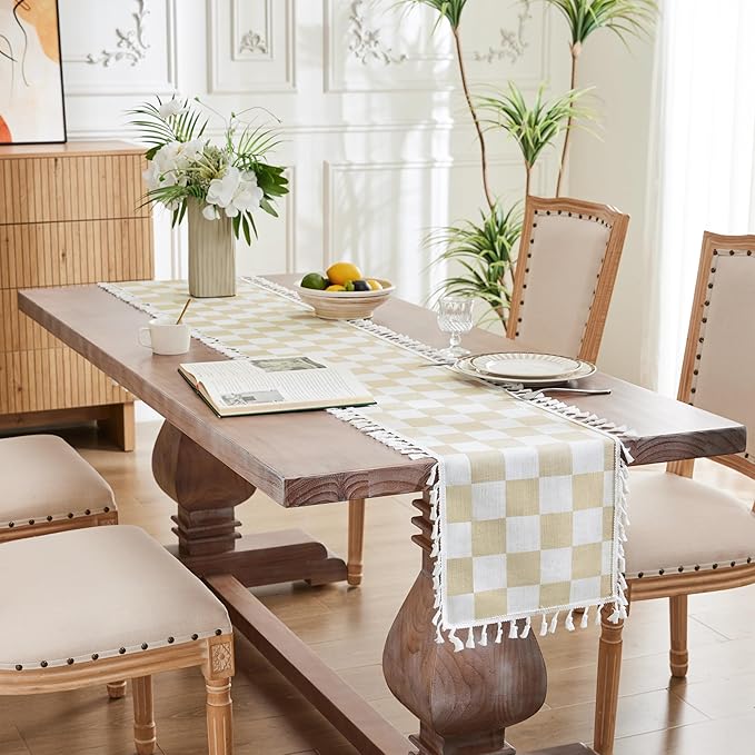 Ohocut Beige Checkered Table Runner with Tassel Farmhouse Rustic Vintage Aesthetic Cute Retro Cotton Linen Table Runner 72 Long for Dinning Race Party Decoration 13''x72''