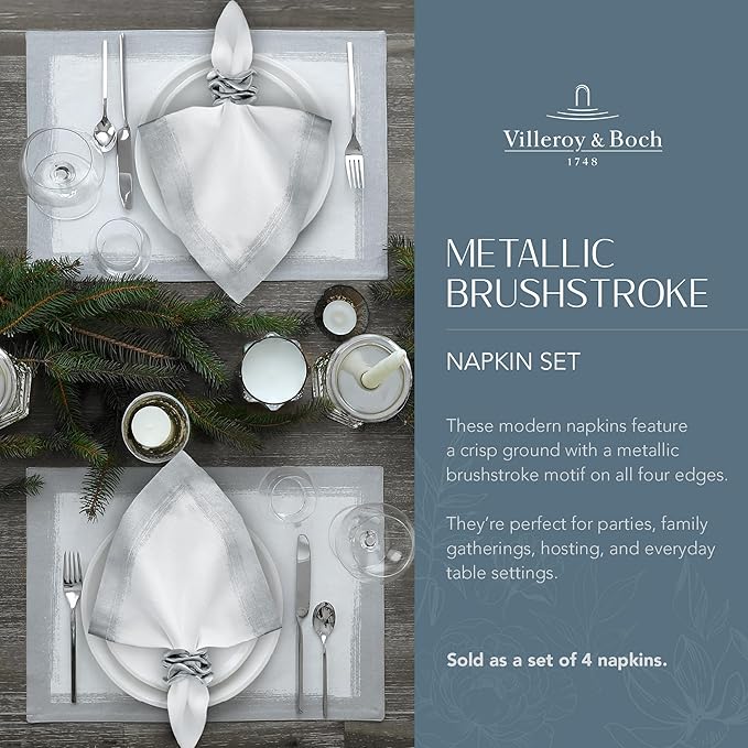 Villeroy & Boch Linen Metallic Brushstroke Napkins, 21 Inches x 21 Inches, Set of 4, White and Silver