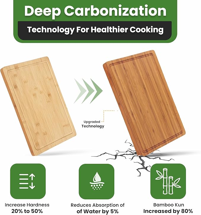 Bamboo Cutting Board for kitchen – .8" Thick Wood Chopping Board with Juice Groove and inner handle. Charcuterie & Butcher Block for Meat, Vegetables & Cheese, Brown (14"x10")