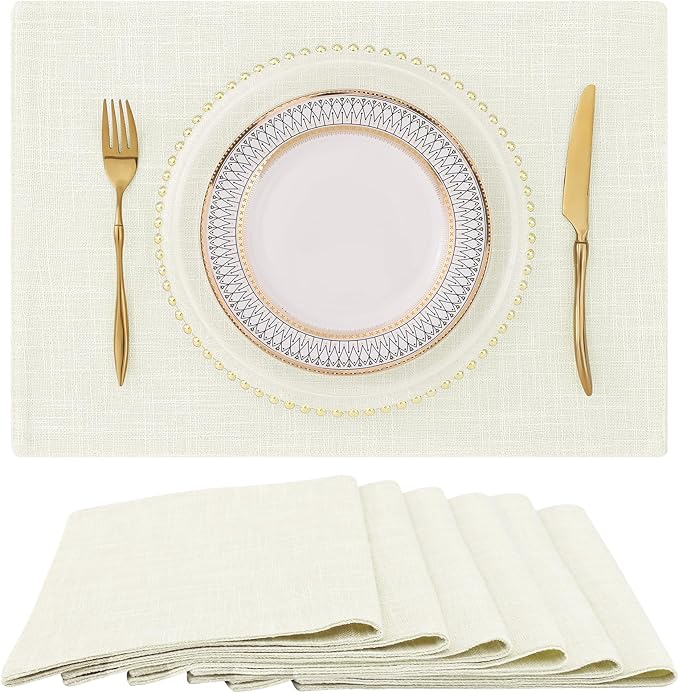 homing Cotton Linen Placemats Set of 6, Cloth Washable Farmhouse Dining Table Mats for Indoors & Outdoors, Easy to Clean, Cream, 13 x 19 Inch