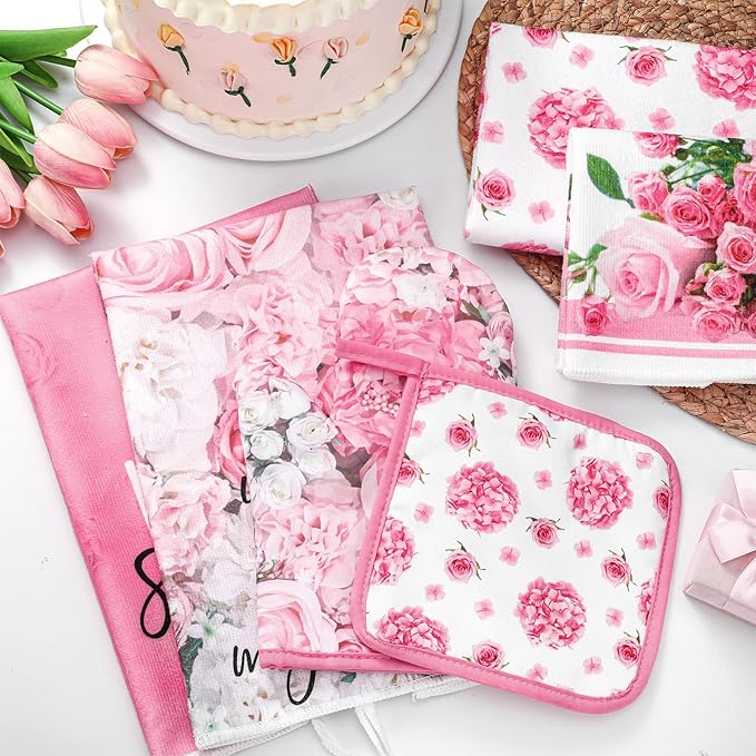 Leinuosen 8 Pcs Pink Rose Kitchen Towels and Dishcloths Sets Oven Mitts and Pot Holders Sets Absorbent Kitchen Gloves Potholders Heat Resistant for Chef Baking Cooking