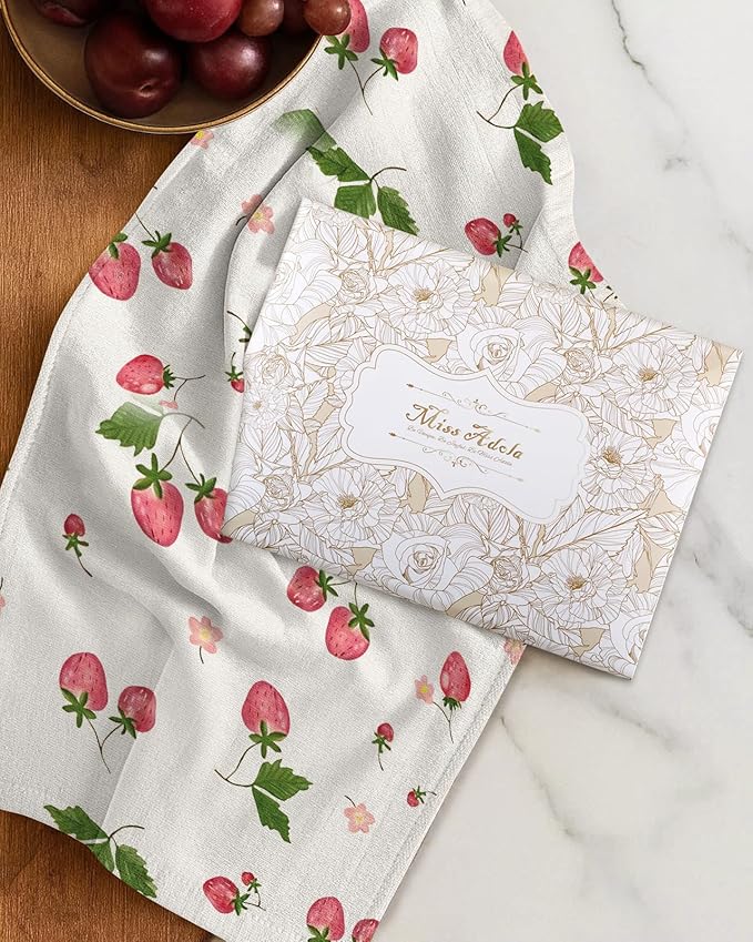 Miss Adola Cotton Kitchen Towels Set of 2 - Cute Design 16×26 Inch Dish Towels for Kitchen with Hanging Loop Strawberry Quick Dry Hand Towels Soft & Absorbent, Home Decorative, Terry Cloth Tea Towels