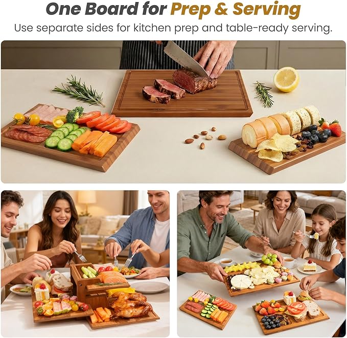 Bamboo Cutting Board Set of 3, Durable Wooden Chopping Boards with Distinctive Stand & Juice Grooves, Ideal for Meat, Vegetables, Fruit, Charcuterie Prep & Serving, Kitchen Essentials, Gifts for Mom