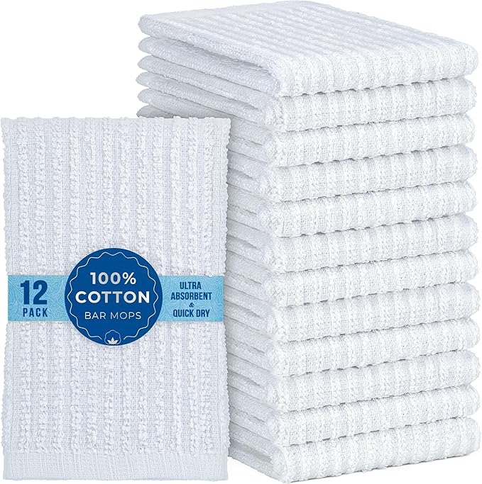 DecorRack 12 Pack 100% Cotton Kitchen Towels for Cleaning, 12 x 12 inch, Ultra Absorbent Bar Mops, Heavy Duty, Quick Dry, Machine Washable Dish Towels, Multi-Purpose Cleaning Supplies, White (12 Pack)