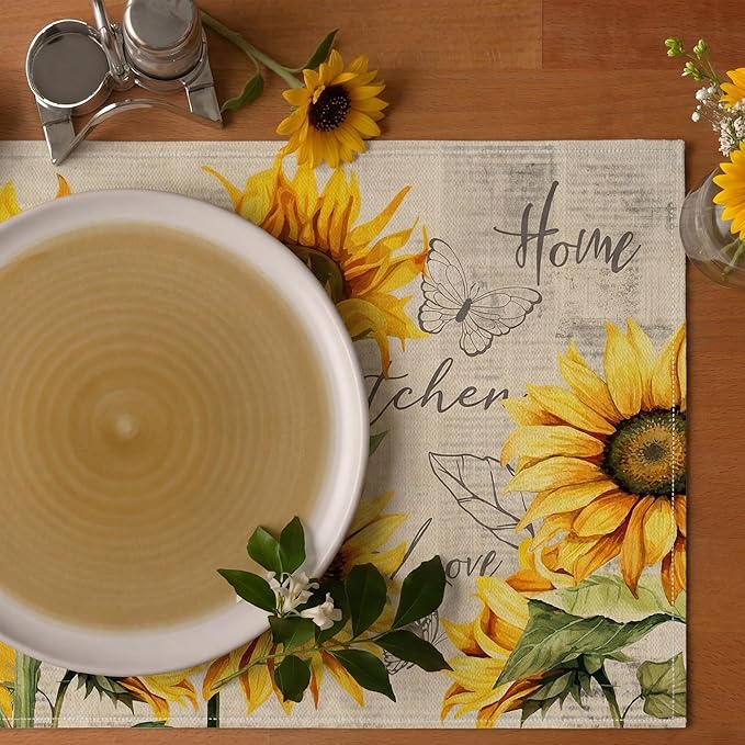 Sunflower Placemats Set of 4, Spring Summer Sunshine Table Mats 12x18 Inch, Farmhouse Washable Table Decor for Kitchen Dining Indoor Outdoor Party Holiday