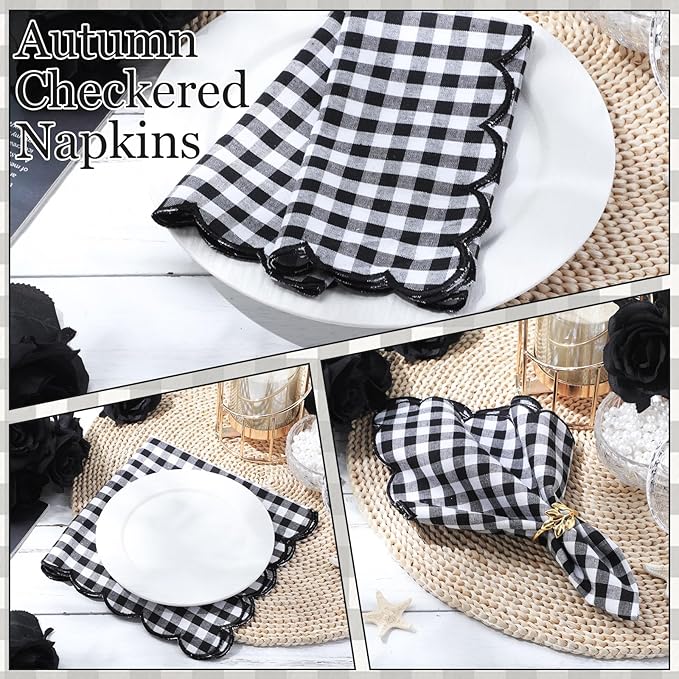 SmoothNovelty 12 Pack Buffalo Plaid Cloth Napkins 18x18 Inch Spring Checkered Cloth Napkins Scalloped Soft Cotton Table Mat Washable Reusable for Dinner Wedding Birthday Parties (Classic,Black)