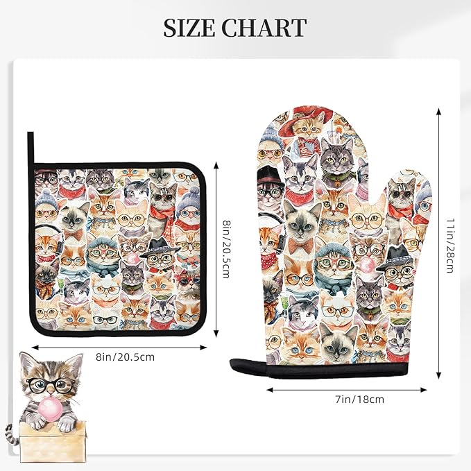 Cute Cat Oven Mitts and Pot Holders Sets 3PCS, Cat Silicone Heat Resistant Oven Mitts Birthday for Cats Lover, Funny Cats Heat Resistant Non-Slip Oven Gloves for Mom Wife Sister BFF
