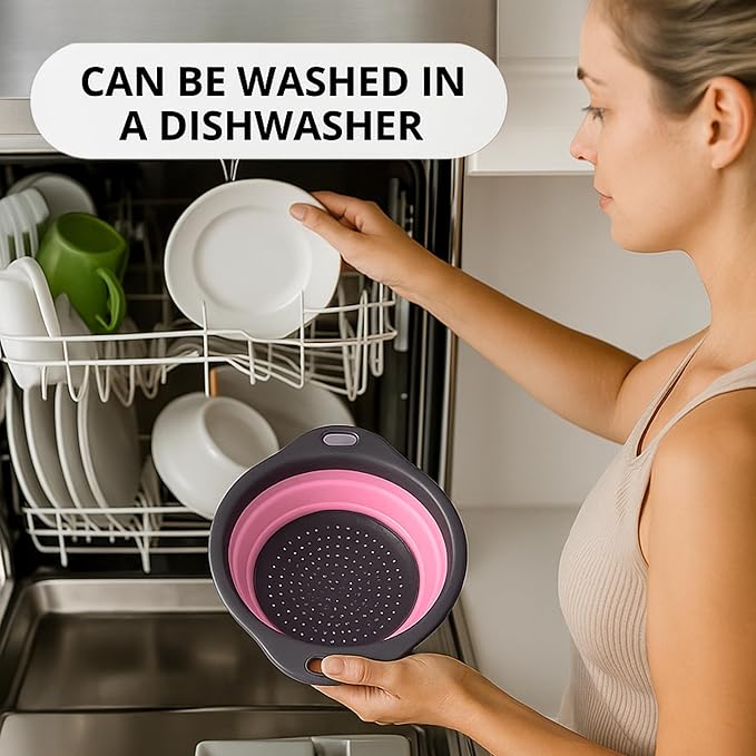 Pink Round Silicone Collapsible Colander – Small Silicone Round Kitchen Strainers with Plastic Handles Foldable Kitchen Strainer Perfect for Draining Pasta Vegetable and Fruit