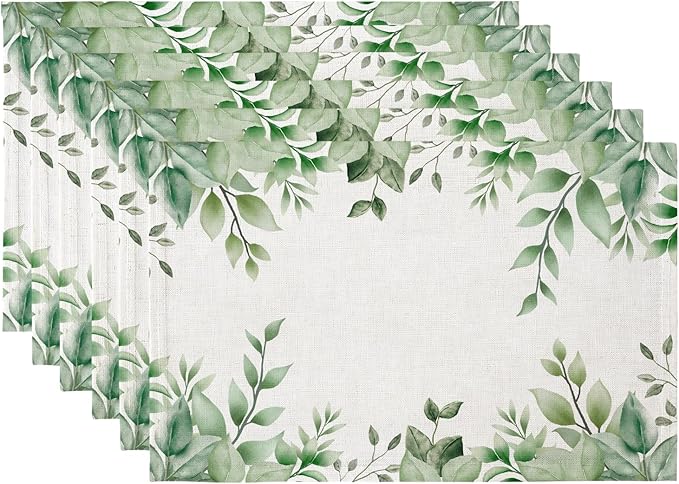 QIYI Boho Placemats Set of 6, 12x18 Inch Linen Fabric Place Mats for Kitchen Dinning, Farmhouse Rustic Cloth Table Mats, Washable Placemat Watercolor Foliage Party Table Décor, Green Leaves Border