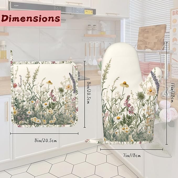Wildflower Floral Oven Mitts and Pot Holders (4PCS),Vintage Garden Flowers Heat Resistant Non-Slip Silicone Kitchen Gloves for Cooking, Baking, BBQ Waterproof Kitchen Accessories