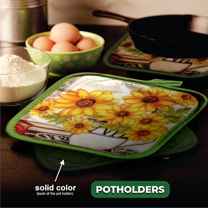 Lobyn Value Packs: Bright Sunflower5 Piece Kitchen Towel Set with 2 Decorative Dish Towels (25 X15), 1 Oven Mitt (11 X 7) and 2 Potholders (6.5 X 6.5)