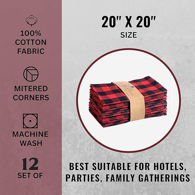 FINGERCRAFT Cloth Napkins, Everyday Use, Premium Quality, Cotton Buffalo Plaid, Set of 12, 20X20 Inch Oversized Napkins Cloth Mitered Corners, Soft, Durable Hotel Quality Red Black Checkered