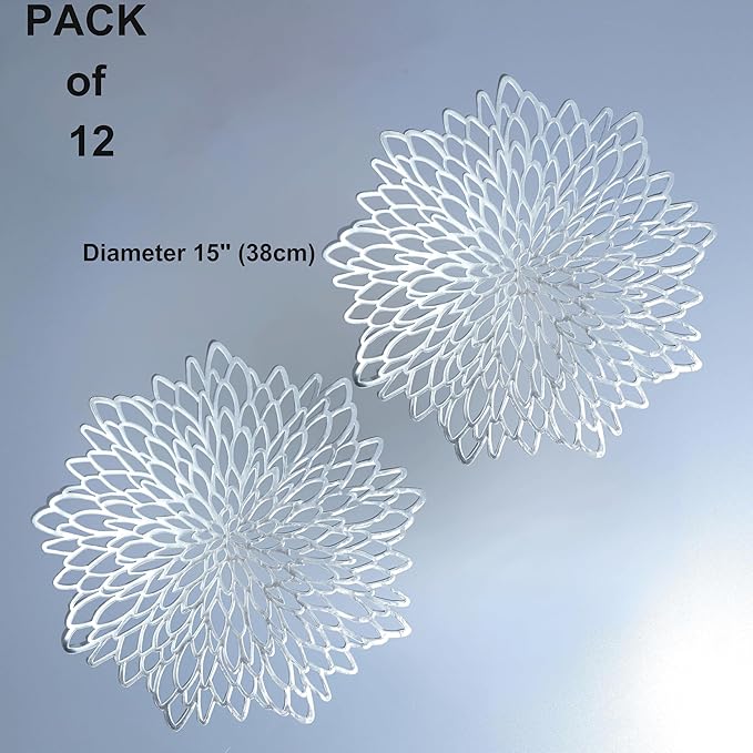 Snowkingdom 12 Pack of Silver Placemats Metallic Vinyl Dinning Table Mats, Round Flower Charger Plates Decoration Bulk for Winter Holiday Christmas Thanksgiving Party