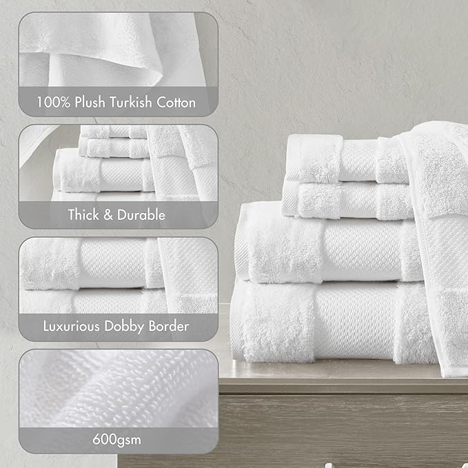Madison Park Turkish 100% Cotton 600Gsm Luxury Premium Thick Soft Absorbent Hotel Bathroom Towel Set Shower Hand Face Washcloths, Assorted Sizes, White 6 Piece