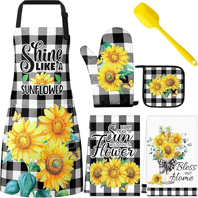Hoolerry 6 Pcs Sunflower Kitchen Apron Dish Towels Oven Mitts and Pot Holders Sets with Silicone Spatula for Women Wife Grandma Cooking Sunflower Baking Gifts