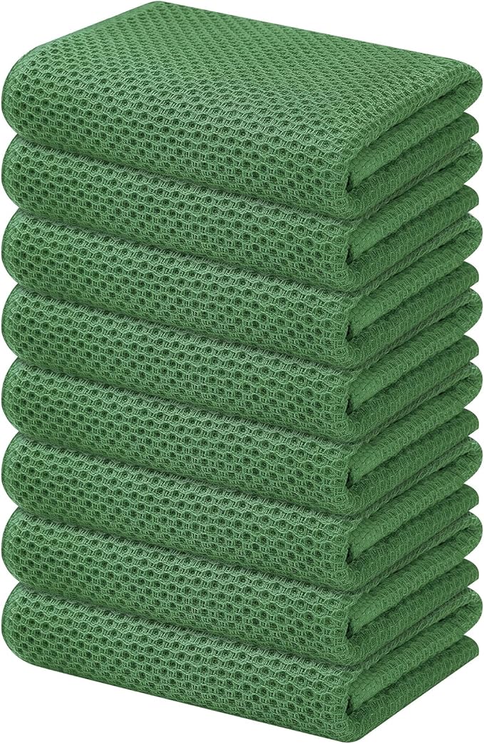 Kitinjoy 100% Cotton Waffle Weave Kitchen Hand Towels (13 X 28 Inches, Grass Green), 8-Pack Super Soft and Absorbent Dish Towel for Drying Dishes