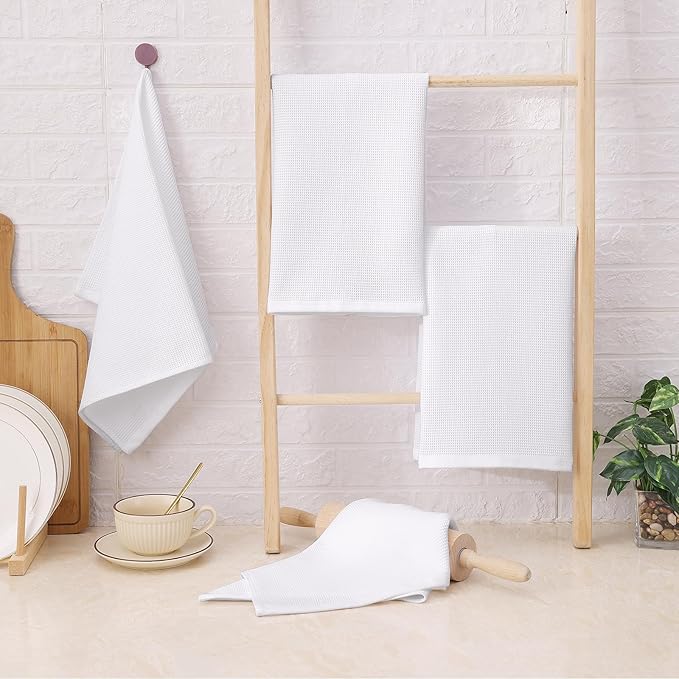 Homaxy 100% Cotton Waffle Weave Kitchen Towels - 4 Pack Soft and Absorbent Dish Towels - 16 x 26 Inches Quick Dry Hand Towels - White