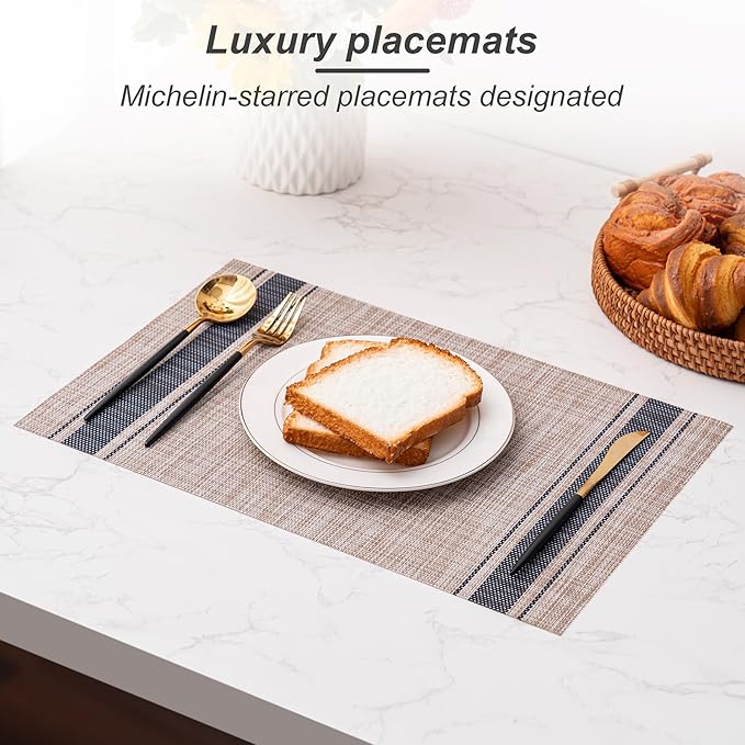 CADONO Placemats Set of 6 Washable Indoor/Outdoor Vinyl Place Mats for Dining Table Durable Non-Slip Heat Resistant PVC Weave Table Mats（Stripes-Blue）