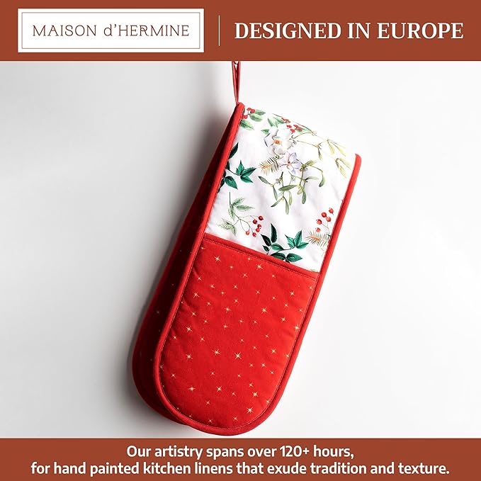 Maison d' Hermine Double Oven Mitt (7" x 35") 100% Cotton Heat Resistant BBQ Cooking Gloves with Loop for Thanksgiving Christmas Decorations Baking Cooking Barbeque Handling Hot Pan (Noel)