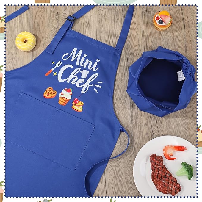 Kids Apron and Chef Hat Set, “Mini Chef” Funny Apron Adjustable Kitchen Apron for Boys and Girls