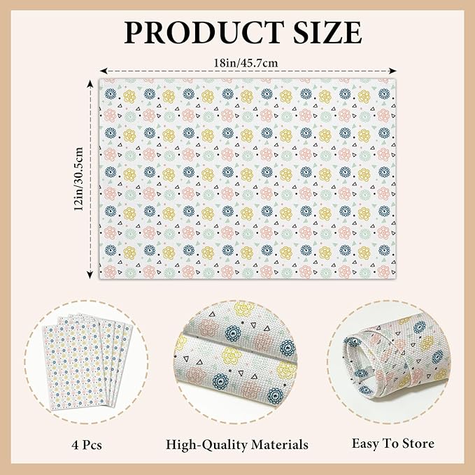 Cotton Linen Waterproof Placemats Set of 4, Boho Floral Dining Mat Table Mats Decor Fabric for Kitchen Dinner Coffee Shop Table, Indoor/Outdoor Washable Wipeable Placemat -N034