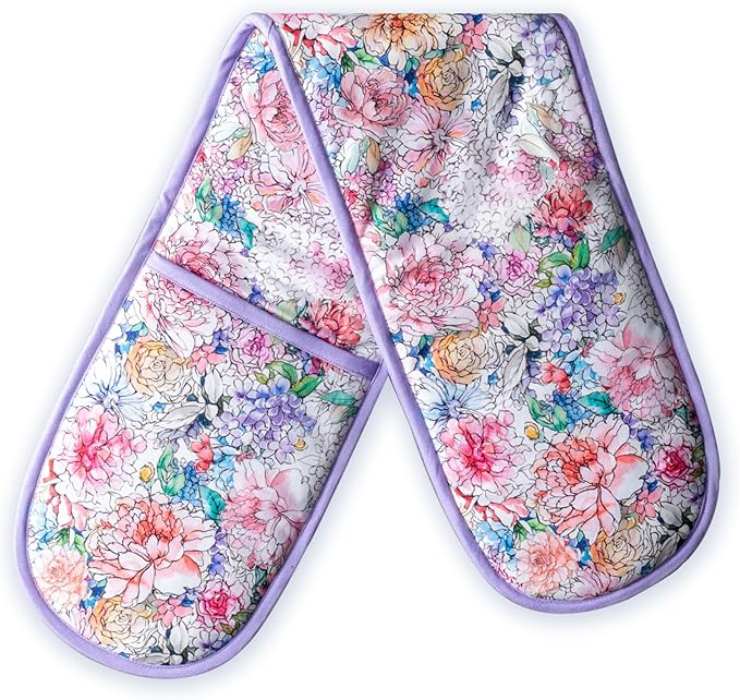 Maison d' Hermine Double Oven Mitts 100% Cotton 7"x35" Double Oven Mitt Heat Resistant BBQ Cooking Gloves with Loop Baking Grilling Gifts for Mothers Day Spring Summer (Floral Love)