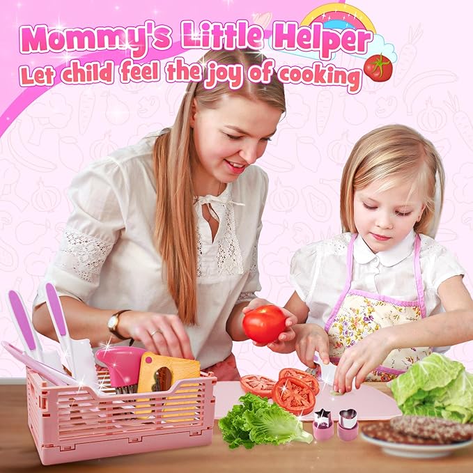 Kids Kitchen Knife Set for Real Cooking & Basket,Montessori Toys for 3 4 5 6 7 8 9 10 Year Old Girls Birthday Gifts, Toddler Knife Set, Toddler Kitchen Tools