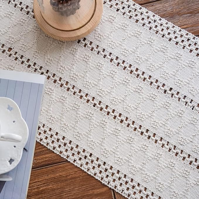 Alynsehom Macrame Table Runner Cream Beige Boho Table Runners with Tassels Hand Woven Cotton Table Runner Rustic Farmhouse Table Runners for Bohemian Kitchen Dining Table(12x48in)