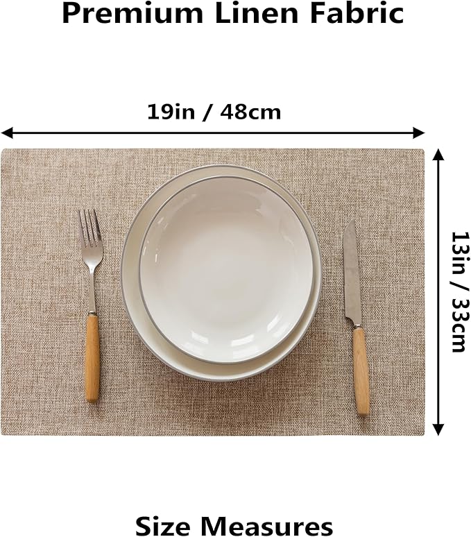 Demetex Linen Placemats Set of 4 Heat Resistant Cloth Place Mats Wipeable Fabric Placemats for Dining Table Indoor Restaurants, 13 x 19 inches, Linen
