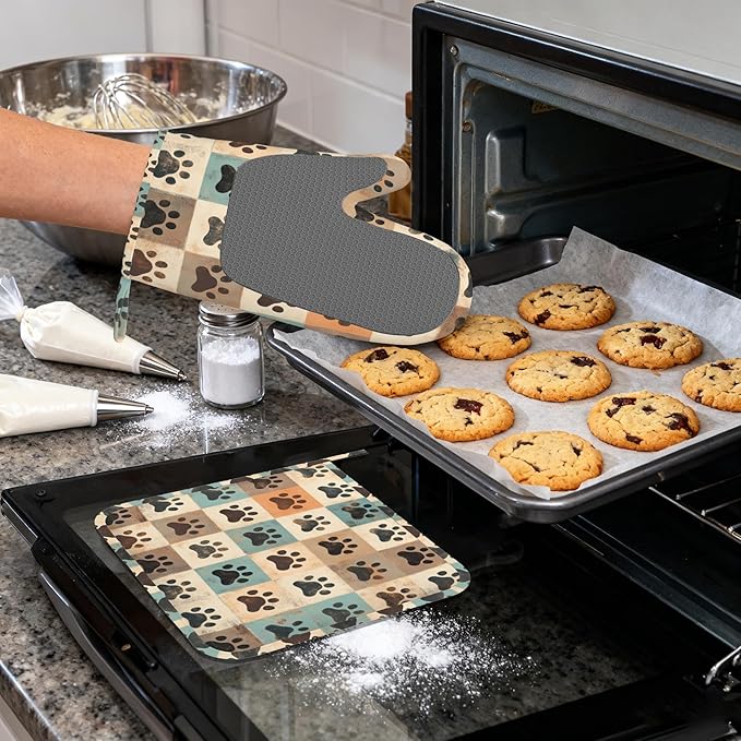 Cute Paw Print Heat-Resistant Silicone Oven Mitts and Pot Holder 4 Piece Set,Vintage Non-Slip Kitchen Oven Gloves for Baking, BBQ, Cooking,Grilling