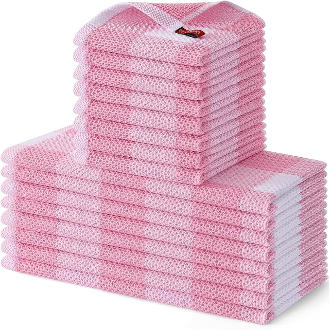 Homaxy Kitchen Towels and Dishcloths Set, 12 x 12 and 13 x 28 Inches, Set of 16 100% Cotton Waffle Weave Check Plaid Kitchen Dish Towels, Super Soft and Absorbent Dish Cloths, White & Pink