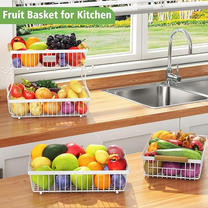 2 Tier Fruit Basket for Kitchen Counter with 2 Banana Hangers, Countertop Metal Bread Basket with Wooden Handle, Large Storage Stand for Vegetables, Snacks, Eggs, Produce Storage – White