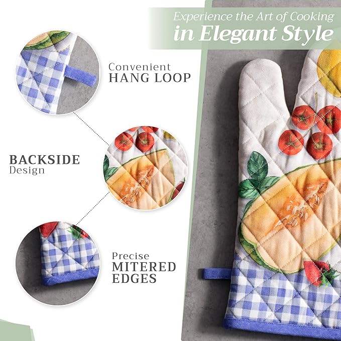 Maison d'Hermine Oven Gloves 100% Cotton Oven Mitt 7" x 13" with Loop Heat Resistant BBQ Cooking Gloves Baking Grilling Gifts for Mothers Day Spring/Summer (Pack of 1, Gourmand)
