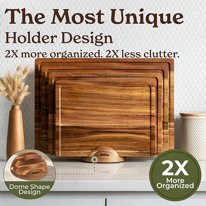 SMIRLY Wooden Cutting Boards For Kitchen - Bamboo Cutting Board Set with Holder, Wood Cutting Board Set, Cutting Board Wood, Wooden Chopping Board, Wooden Cutting Board Set