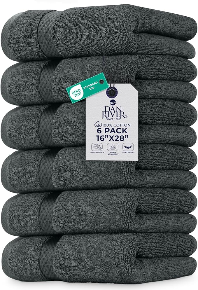 DAN RIVER 6-Pack Premium Hand Towels (16x28 Inches) - 100% Cotton, Ultra Soft, Lightweight, Highly Absorbent Towels for Bathroom, Spa, Gym, Salon, Hotel, and Travel – Gray