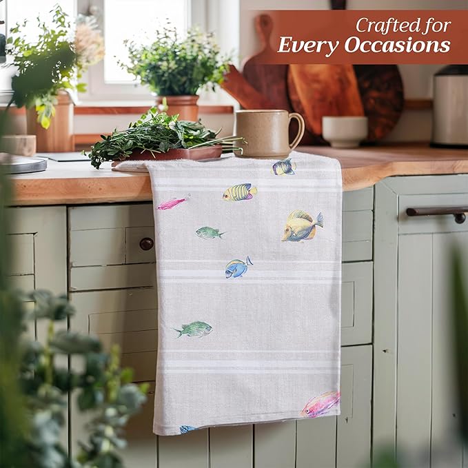 Maison d' Hermine Kitchen Towels Set of 3 100% Cotton 27.50" x 20" Reusable Cloth Tea Dish Towels Absorbent with Hanging Loop for Kitchen Gifts for Mothers Day Spring/Summer (Poisson)