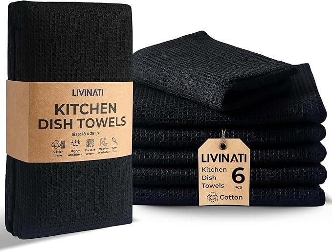 Highly Absorbent Cotton Dish Towels for Drying - Set of 6 Black Kitchen Towels - 18"X28" Lint Free Waffle Weave Cloth Linen Hand Bathroom Bulk Dishtowels