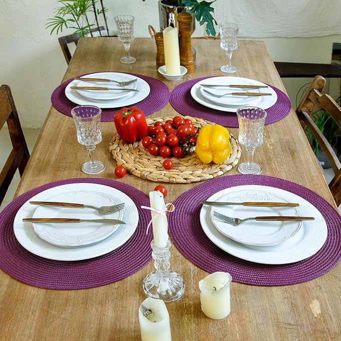 FunWheat Round Braided Placemats Set of 4 Table Mats for Dining Tables Woven Washable Non-Slip Place mats 15 inch(Purple,4pcs)