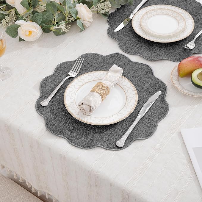 SHACOS Scalloped Round Placemats Set of 6 Polyester Linen Blend 15 inch Washable Non Slip Place Mats Easy Clean Heat Resistant Table Mats for Kitchen Dining Table Decor, Grey