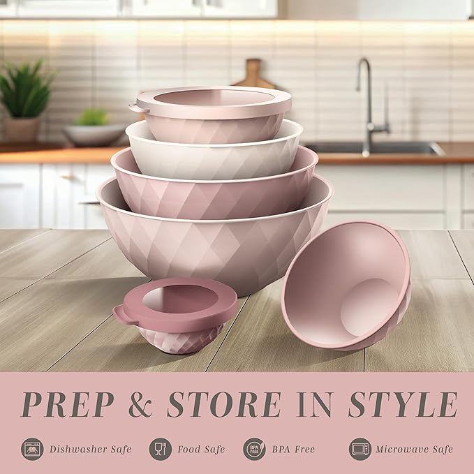 COOK WITH COLOR Mixing Bowls with Lids - 12 Piece Plastic Nesting Bowls Set includes 6 Prep Bowls and 6 Lids, Microwave Safe Mixing Bowl Set, Pink Diamond