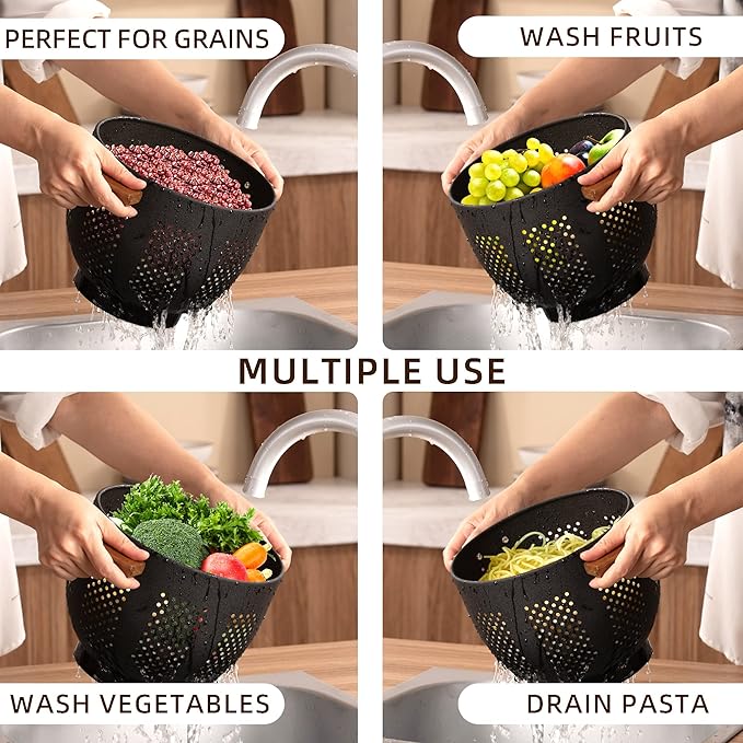 Metal Colander with Wood Handle and Stable Base, Powder Coated Steel Kitchen Strainer Basket for Draining Pasta, Vegetable and fruit (7quart,Matte Black)