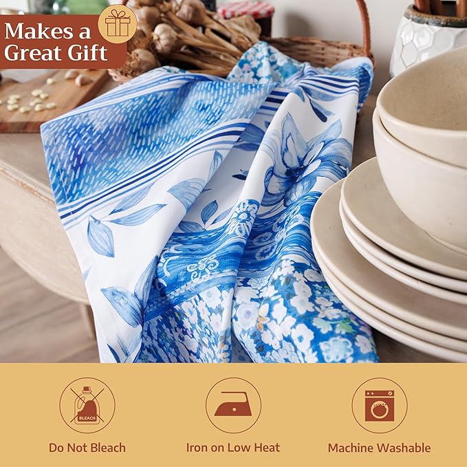 Maison d' Hermine Kitchen Towels Set of 3 100% Cotton 27.50" x 20" Reusable Cloth Tea Dish Towels Absorbent with Hanging Loop for Kitchen Gifts for Mothers Day Spring/Summer (Summer Blues)