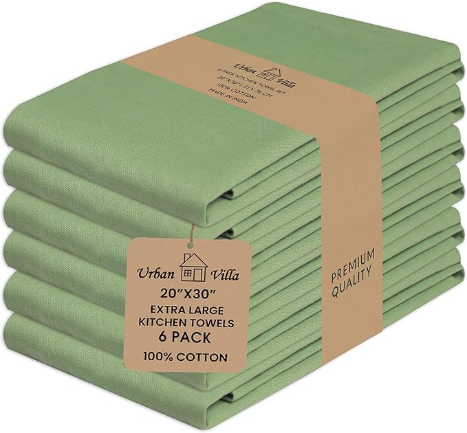 Urban Villa Kitchen Towels 100% Cotton Dish Towels for Kitchen(Set of 6)20”x30” Dish Cloths Highly Absorbent Kitchen Linen Set with Hanging Loop Perfect for Drying Dishes Cleaning Hand Towels – Green